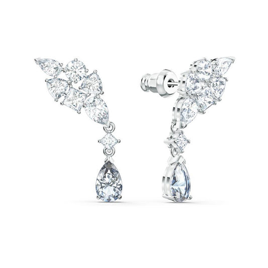 Swarovski Tennis Deluxe Cluster Mixed Pierced Earrings showcase a dazzling array of clear gemstones in teardrop, marquise, and round cuts, all set in polished metal. These exquisite earrings are designed with secure screw-back closures.