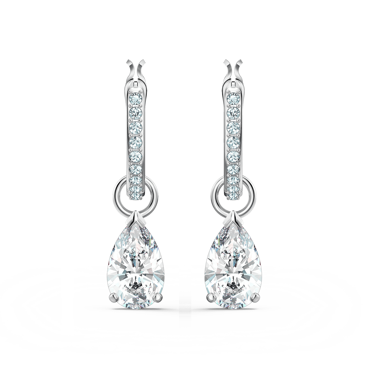 Introducing the Swarovski Attract Pear Mini Hoop Pierced Earrings from Swarovski, crafted in a gleaming rhodium-plated finish for lasting brilliance. Each white earring features a row of small round stones adorning the hoop and a stunning pear-shaped stone elegantly suspended below.