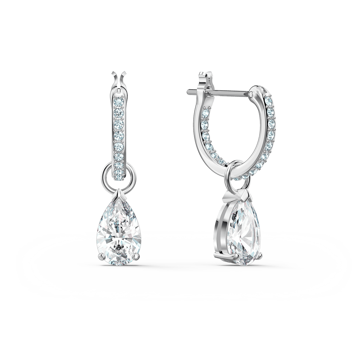 A pair of Swarovski Attract Pear Mini Hoop Pierced Earrings, featuring white rhodium plating with small round stones on the hoops and a large pear-shaped crystal dangling from each, displayed on a white background.