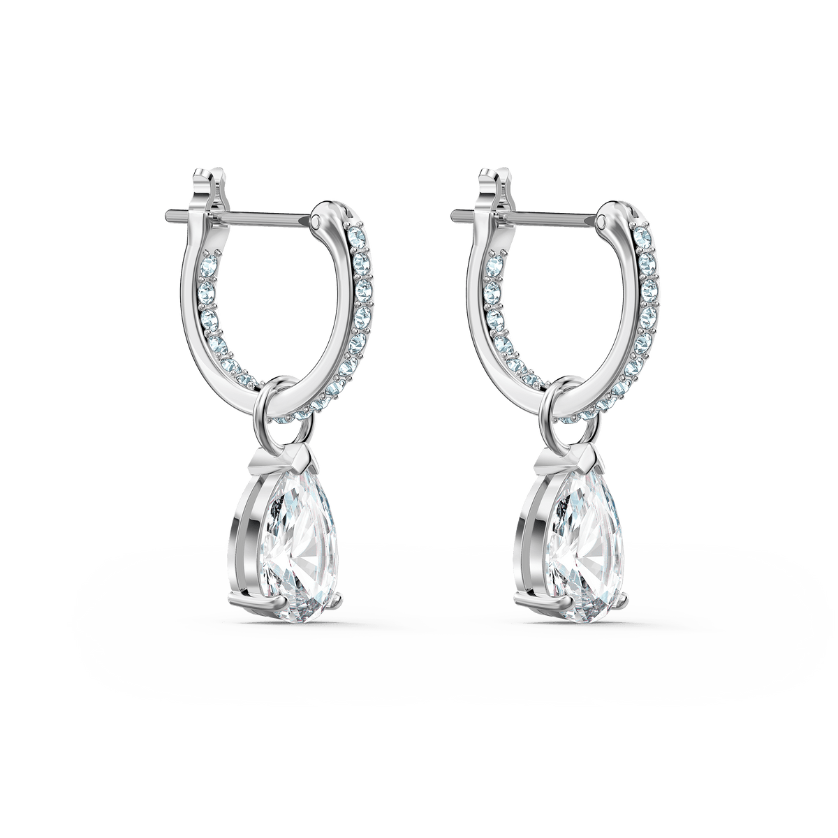 A pair of Swarovski Attract Pear Mini Hoop Pierced Earrings, featuring large teardrop-shaped white pendants and small clear crystals on rhodium-plated hoops, set against a plain white background.