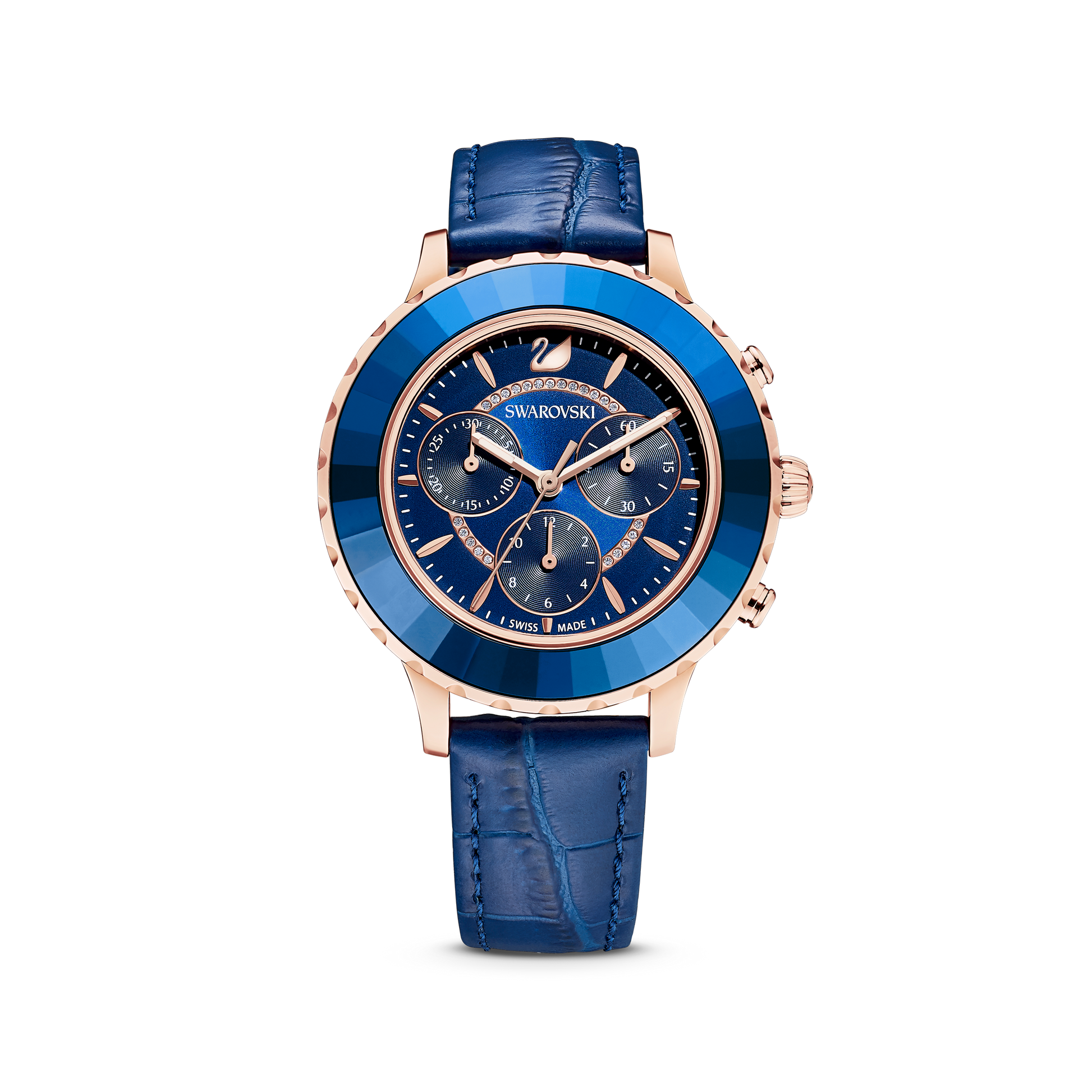 The Octea Lux Chrono watch by Swarovski, Swiss Made with a rose gold-tone finish, features a sophisticated round face with multiple dials and a polished stainless steel case. Its textured blue leather strap complements the watch's elegant design, making it an ideal choice for those who value the precision of Quartz movements.