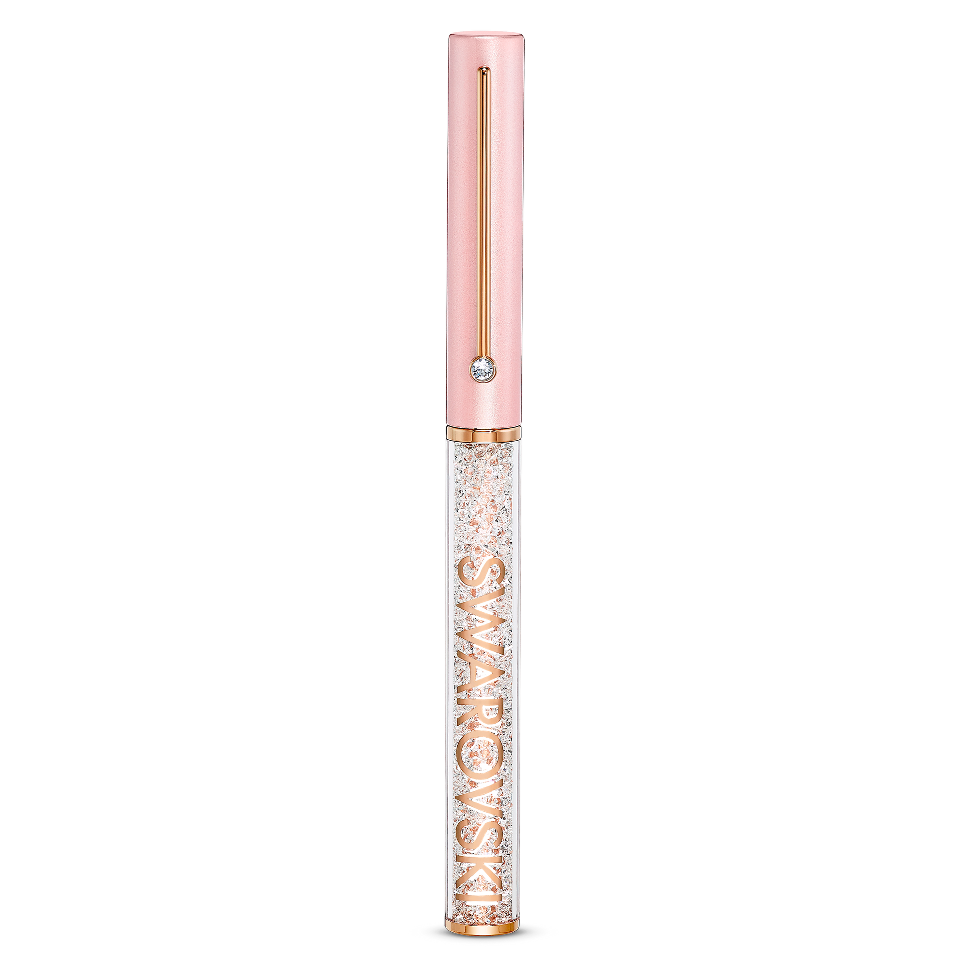 The Swarovski Pink Crystalline Gloss Ballpoint Pen exudes luxury with its pink cap, gold clip, and clear barrel adorned with shimmering crystals. Its elegance is elevated by the Crystalline technique, with "Swarovski" beautifully showcased on the barrel.