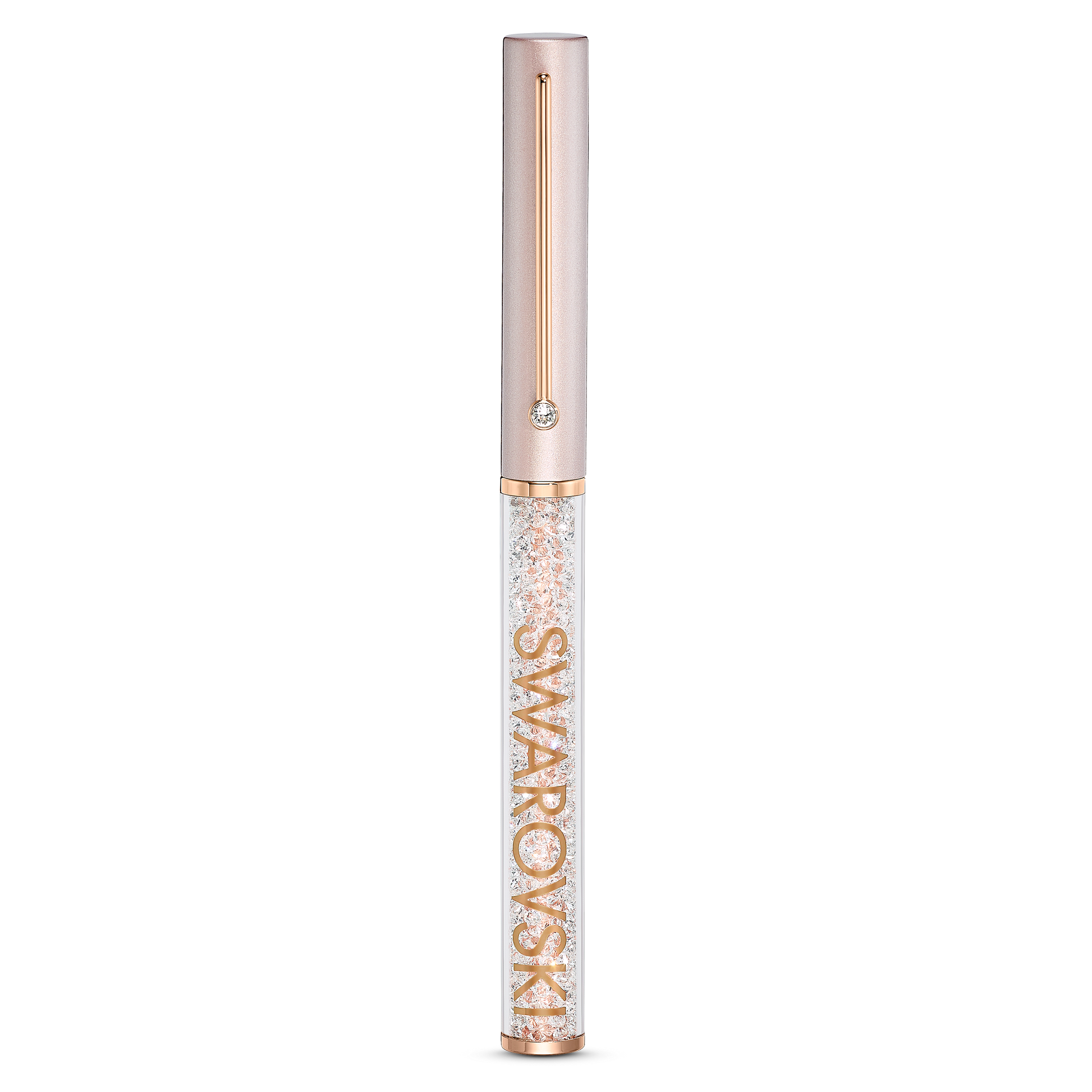 The Swarovski Pink Crystalline Gloss Ballpoint Pen features a luxurious rose gold finish with a clear barrel intricately adorned with crystals using the Crystalline technique. The rose gold cap is accented by a vintage rose crystal at the top, perfectly paired with the Swarovski logo inscribed in gold on the side.