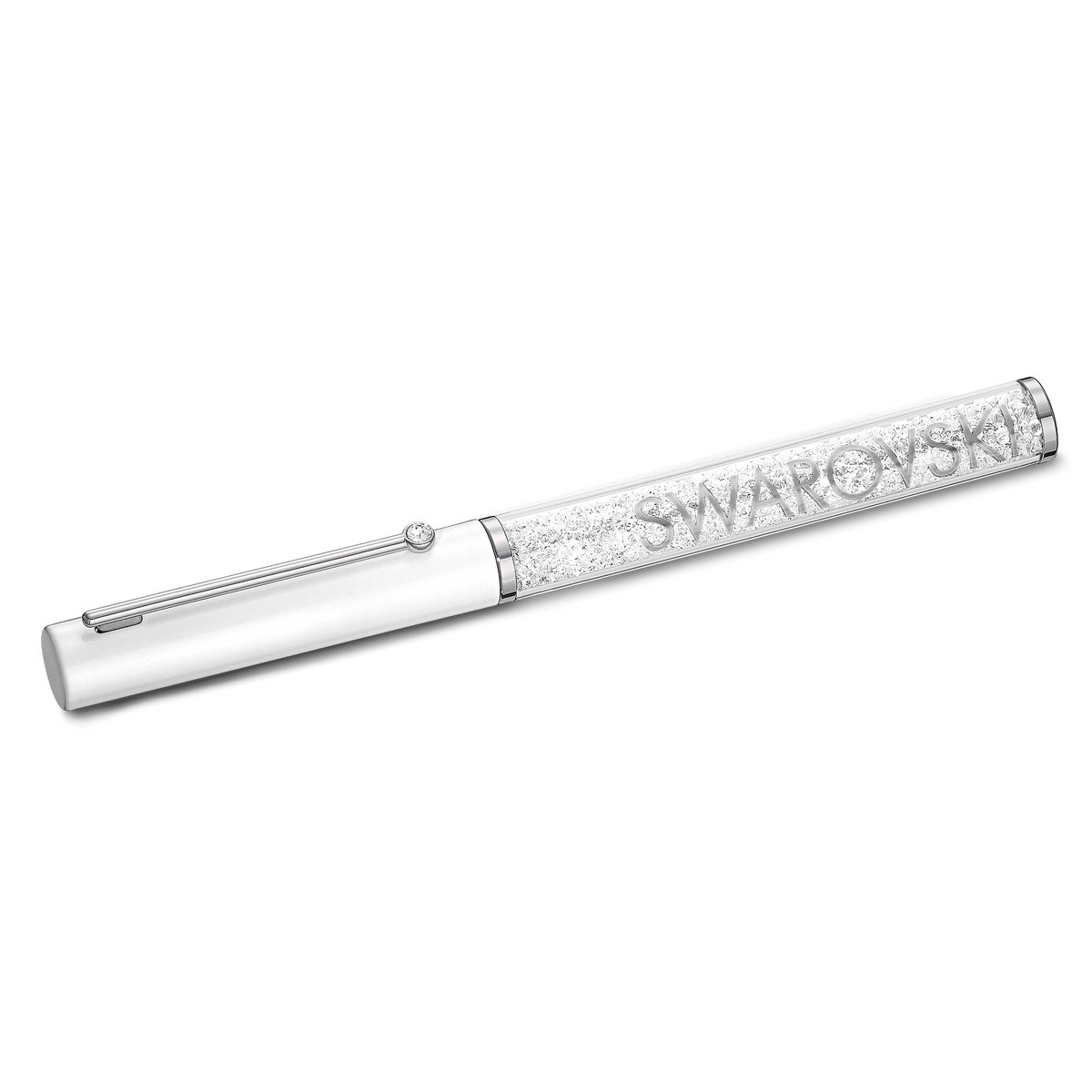 The Swarovski Crystalline Gloss Ballpoint Pen features a white lacquered barrel, chrome plated accents, and a section filled with sparkling crystals. “SWAROVSKI” is boldly inscribed on the crystal-filled part of this elegant pen from Swarovski.