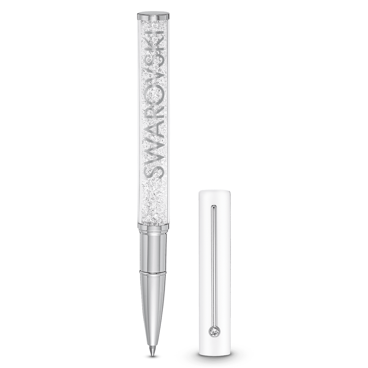 Introducing the Swarovski Crystalline Gloss Ballpoint Pen in White with chrome plating—a sophisticated writing instrument from Swarovski Canada. This elegant pen features shimmering crystals within the barrel, “SWAROVSKI” engraved on it, and a matching white cap adorned with a vertical silver clip and a sparkling crystal accent near the base.