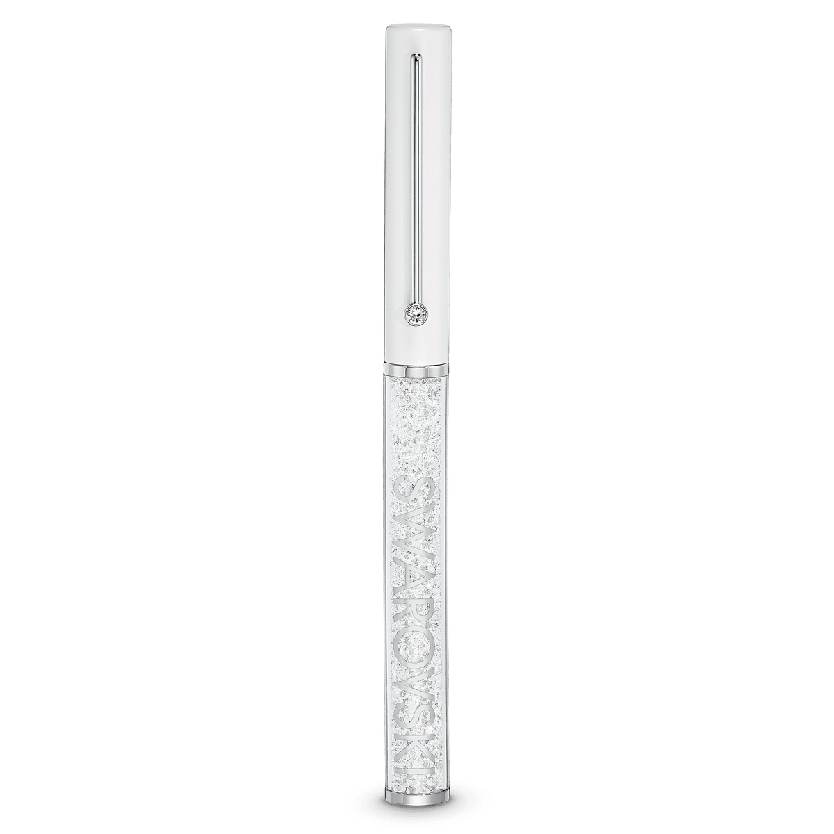 The Swarovski Crystalline Gloss Ballpoint Pen in white, featuring chrome-plated accents and sparkling crystals, stands upright against a plain white background, showcasing the refined signature design of Swarovski.