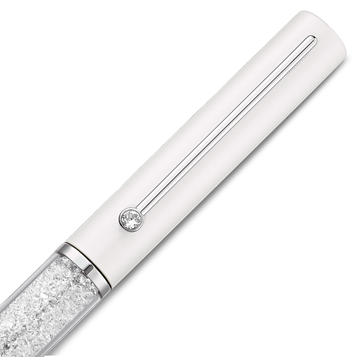 A close-up of the Swarovski Crystalline Gloss Ballpoint Pen in white, showcasing a chrome-plated finish with a white barrel, silver-toned clip, and a transparent segment filled with sparkling clear crystals.
