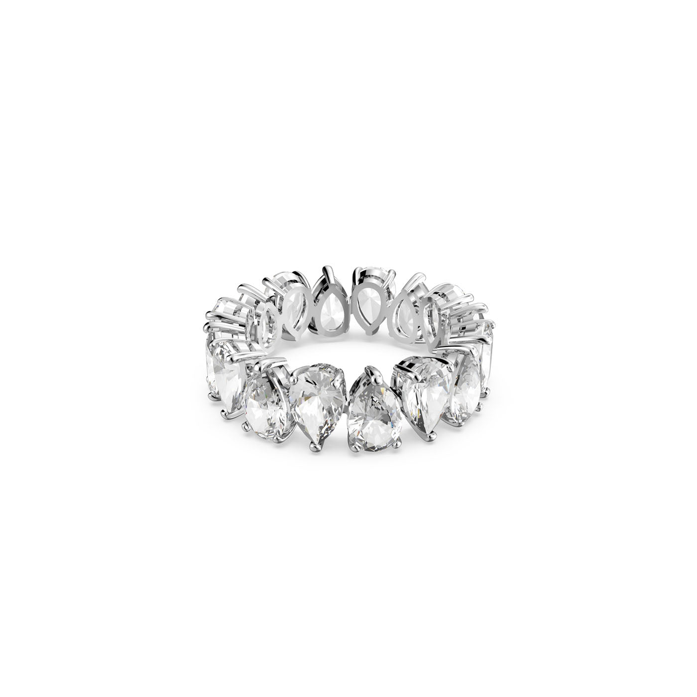 The Swarovski Vittore Drop Cut Ring by Swarovski showcases an elegant design with pear-shaped clear gemstones arranged in a seamless loop. The prong setting enhances the stones' sparkling beauty against a white backdrop, making it a fashionable choice for stacking and appealing to any jewelry enthusiast.