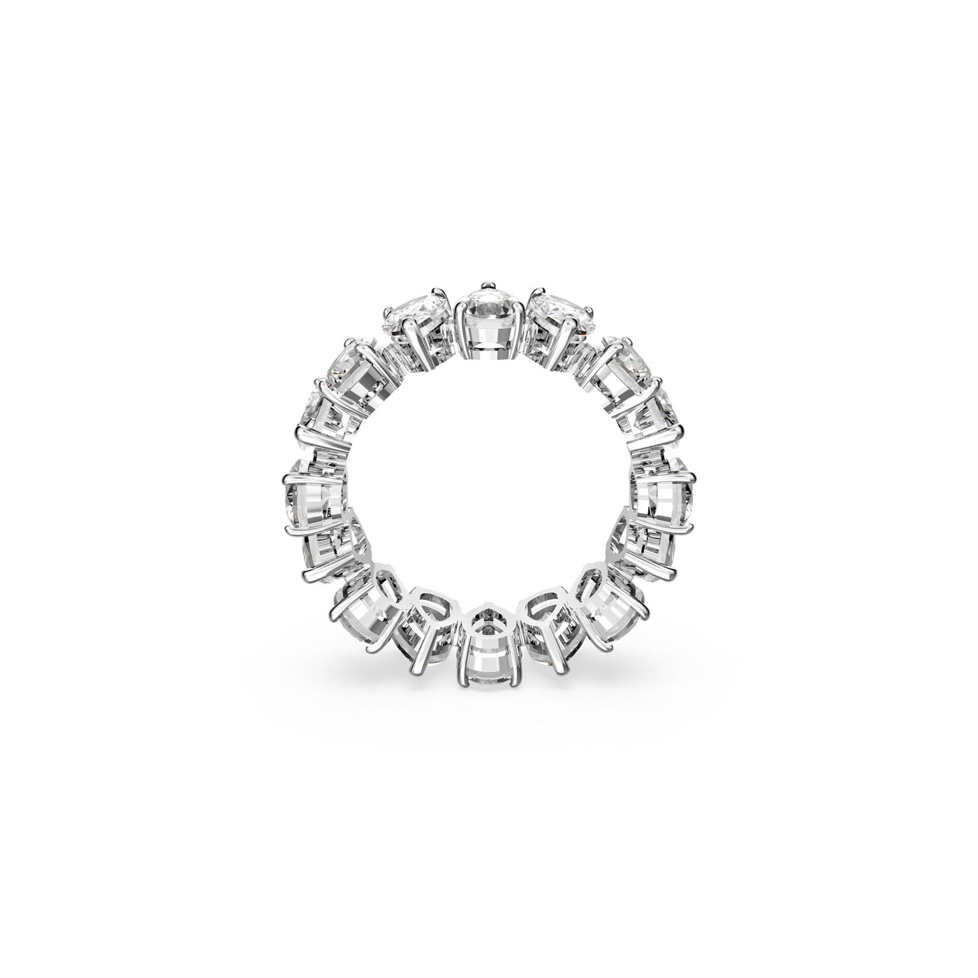The Swarovski Vittore Drop Cut Ring features a captivating design with an array of rectangular gemstones arranged in a graceful circular pattern. This elegant piece from Swarovski radiates sparkling beauty against a simple white background, making it ideal for fashionable stacking.