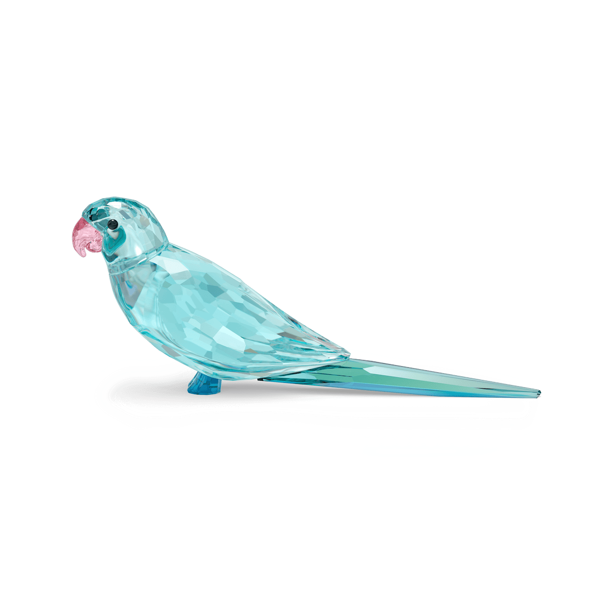 A faceted, light blue crystal figurine—Swarovski’s Jungle Beats Blue Parakeet Paco—features a charming pink beak and stands elegantly against a plain white background. This collectible piece showcases the refined craftsmanship for which Swarovski is renowned.