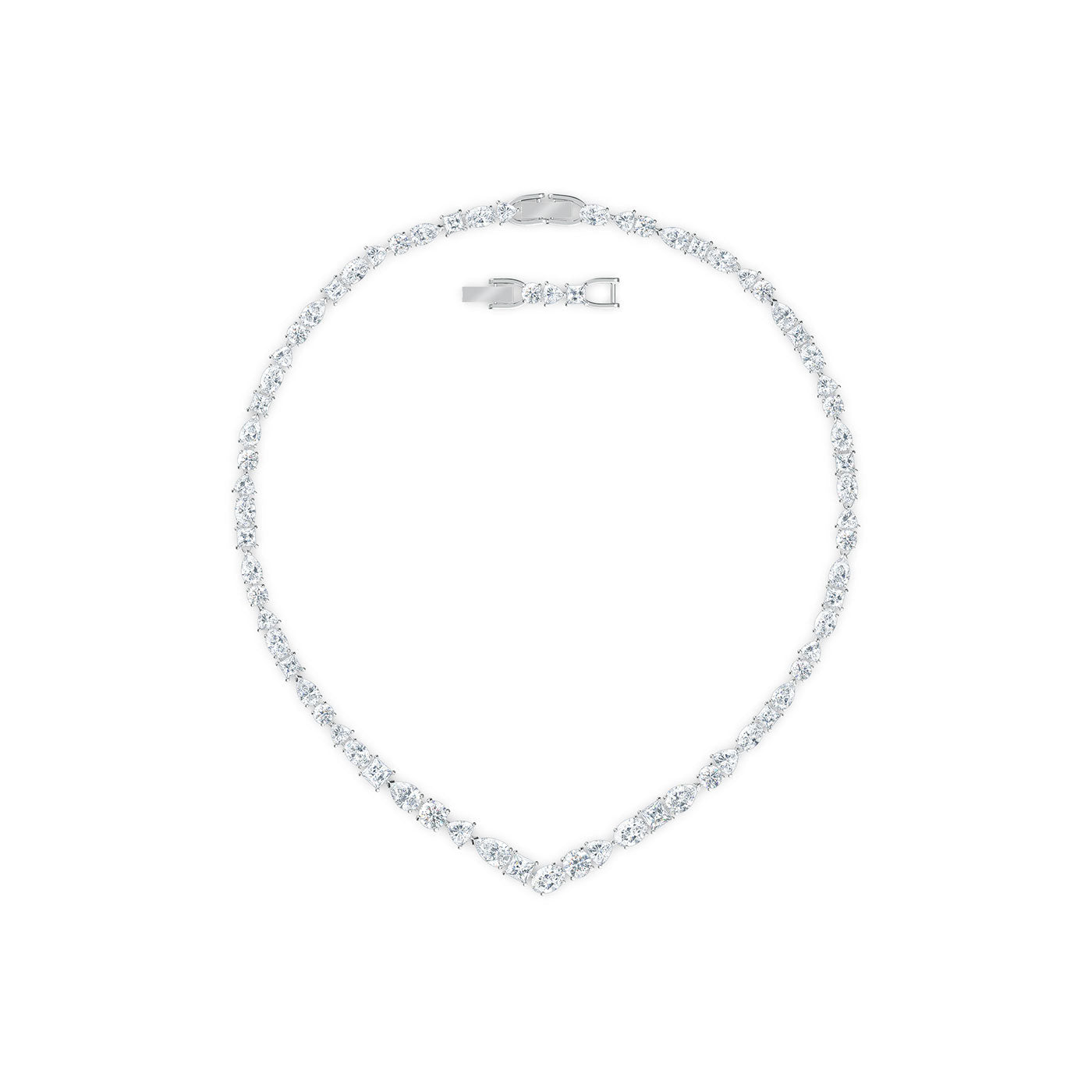 The Swarovski Mixed Cuts Tennis Deluxe V Necklace from Swarovski features a beautiful array of small, faceted stones arranged symmetrically along a delicate chain, forming a complete loop with a clasp closure at the top. The stones shimmer elegantly in the light, giving the piece a sophisticated appearance.