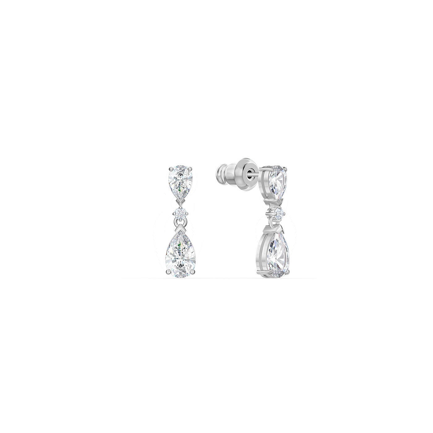 Discover the elegance of Swarovski with a pair of exquisite drop earrings, featuring teardrop-shaped crystals set in rhodium-plated white metal. Each earring showcases a single round crystal at the top and a larger teardrop crystal suspended below, part of the Swarovski Mixed Cuts Tennis Deluxe V Necklace and Earring Set.