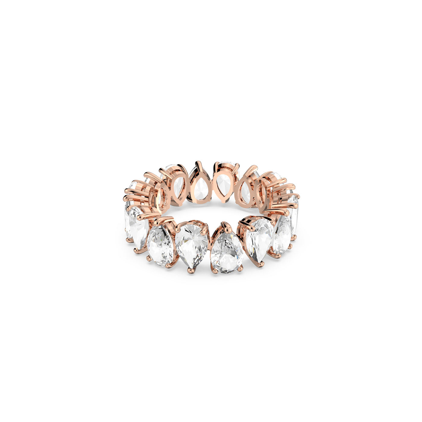 The Swarovski Vittore Drop Cut Ring features an array of pear-shaped, faceted stones set gracefully around a gold band. Displayed against a white background, this piece radiates timeless elegance and charm, making it ideal for stacking and creating stunning looks.