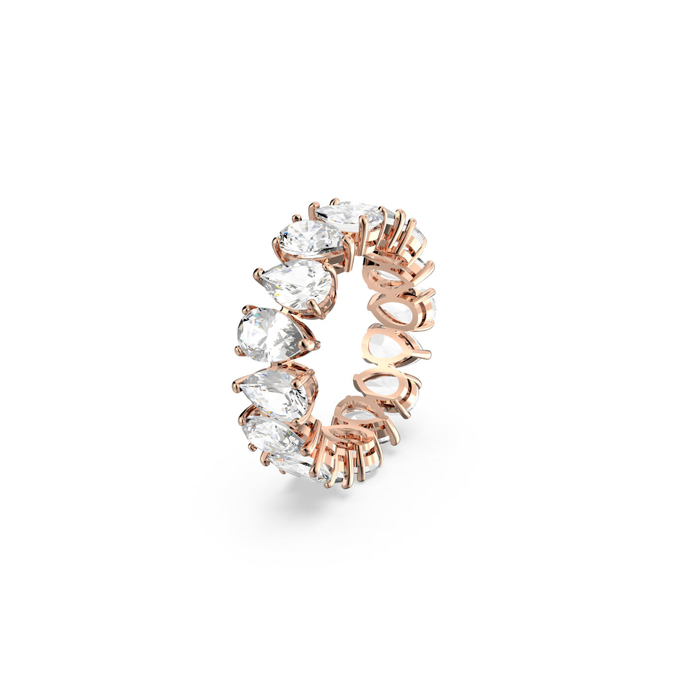 The Swarovski Vittore Drop Cut Ring features a series of large pear-shaped stones arranged in an elegant continuous loop. The brilliant design showcases the sparkle of the stones against the warm tone of the rose gold band, making it perfect for stacking.