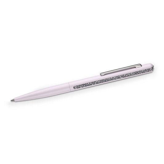 The Swarovski Crystal Shimmer Ballpoint Pen, featuring a pink lacquered barrel, silver clip, and a decorative band adorned with small crystal-like embellishments using the Crystal Rocks technique, is displayed diagonally against a white background.