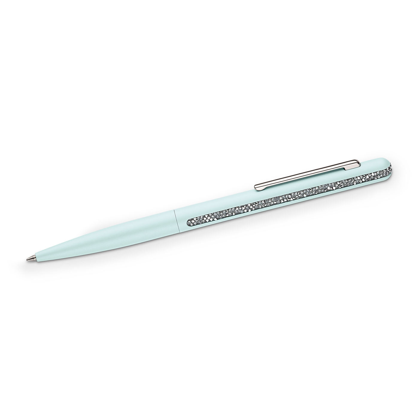 The Swarovski Crystal Shimmer Ballpoint Pen showcases a sophisticated light blue design complemented by a silver clip and a sparkling band of crystals, meticulously crafted with the Crystal Rocks technique. Set diagonally against a plain white background, it radiates elegance and style.