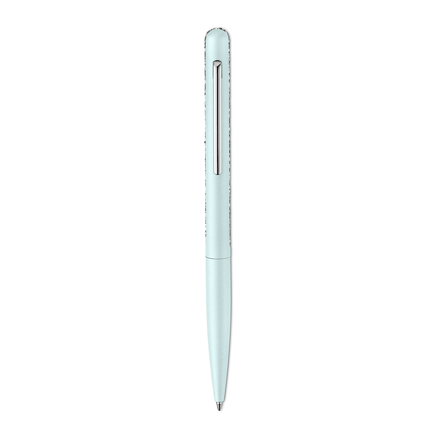 A sophisticated Swarovski Crystal Shimmer Ballpoint Pen, featuring a light blue hue and a silver clip, elegantly displayed against a plain white background.