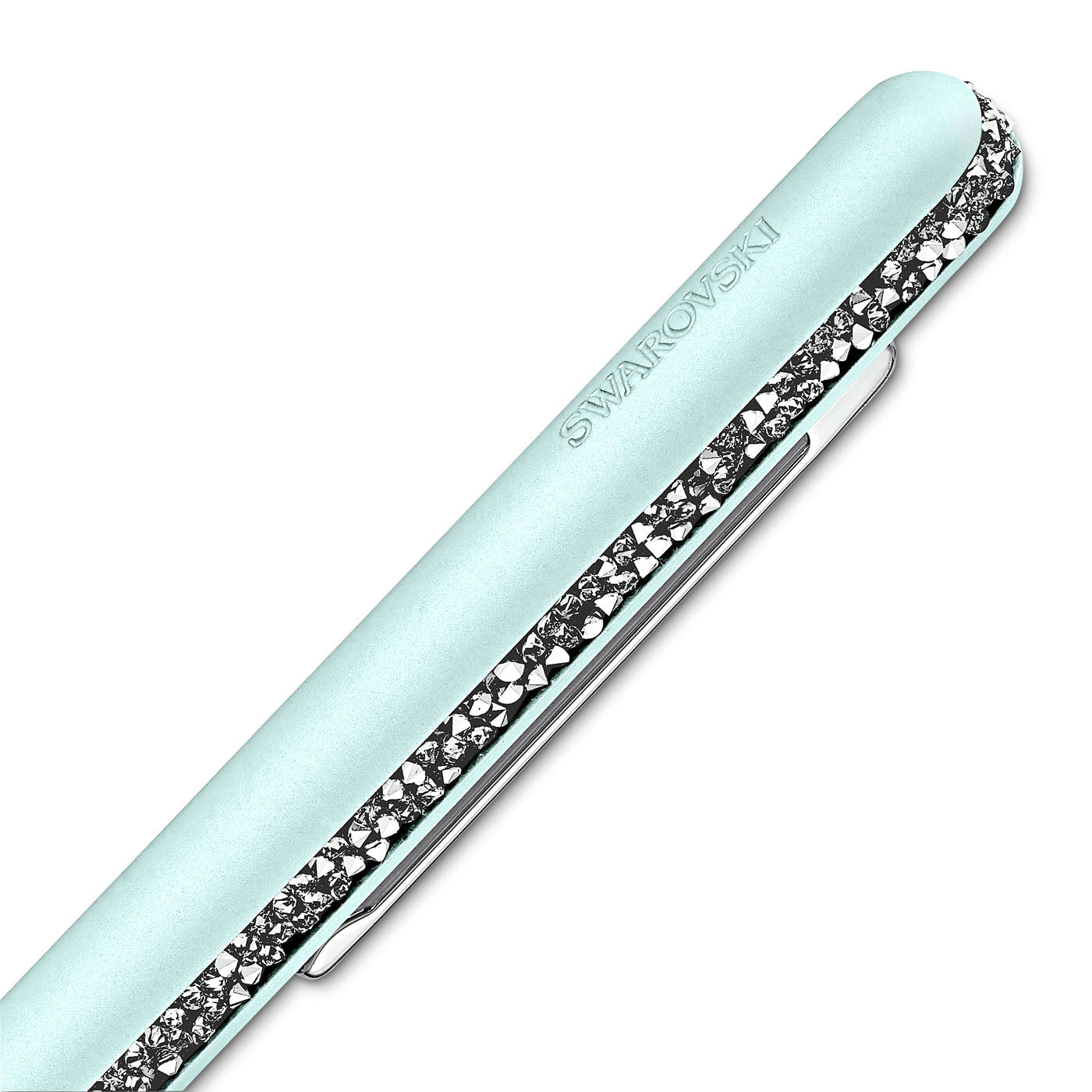 A close-up of the Swarovski Crystal Shimmer Ballpoint Pen showcases a light blue hue and a band adorned with sparkling crystals. This sleek, elegant design from Swarovski incorporates the Crystal Rocks technique for enhanced brilliance.