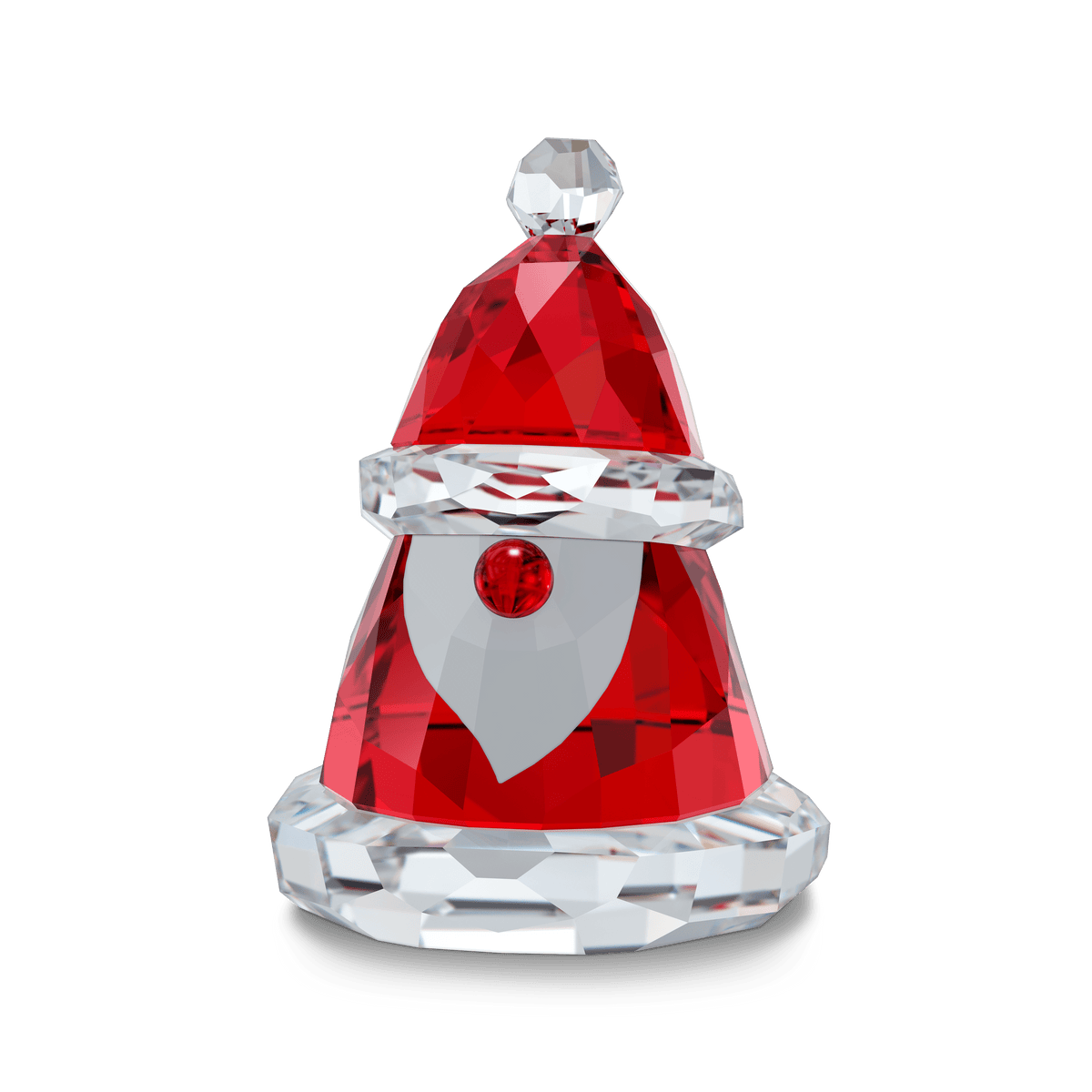 The Swarovski Holiday Cheers Santa Claus, Small, is a faceted crystal figurine by Swarovski that depicts a stylized Santa Claus with a red hat, clear brim and base, white beard, and red nose, showcased against a plain white background. Available in Canada through Raffi Jewellers.
