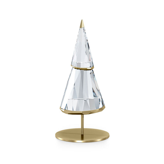 Introducing the Swarovski Large Holiday Magic Christmas Tree Home Décor—a stunning piece from Swarovski featuring faceted crystal segments stacked beautifully on a gold base and trim to create an elegant and festive holiday ornament.