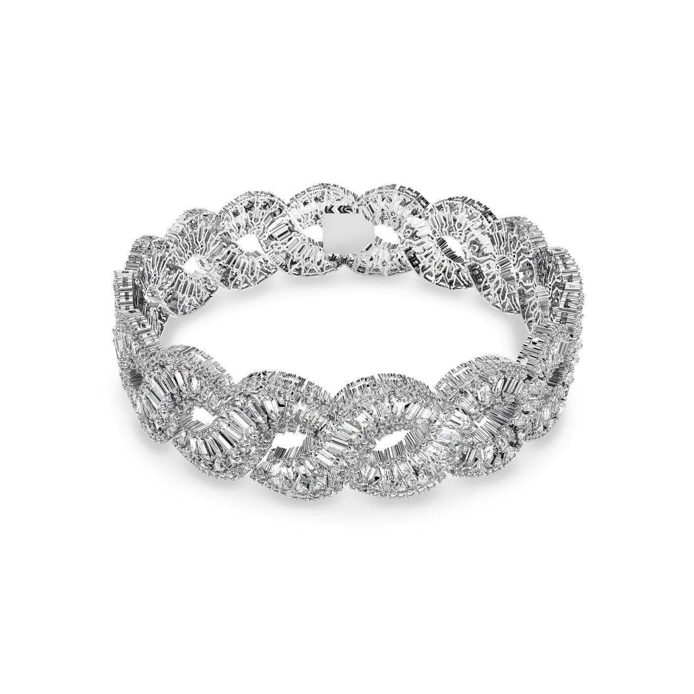 The Swarovski Mixed Cuts Crystals Hyperbola Choker is a sophisticated accessory featuring an intricate chain design with interlocking loops in a circular pattern. Its textured surface captures and reflects light beautifully, creating a shimmering effect against a plain white background.