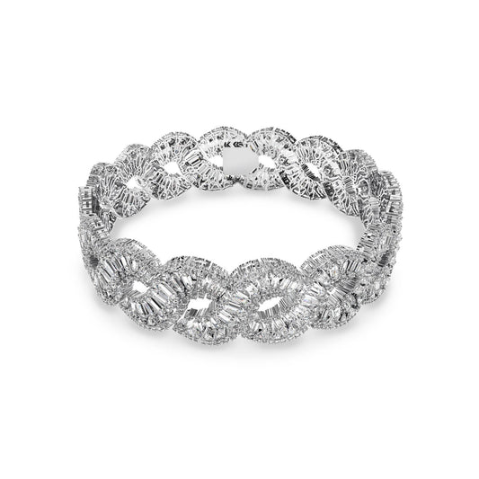 The Swarovski Mixed Cuts Crystals Hyperbola Choker is a sophisticated accessory featuring an intricate chain design with interlocking loops in a circular pattern. Its textured surface captures and reflects light beautifully, creating a shimmering effect against a plain white background.