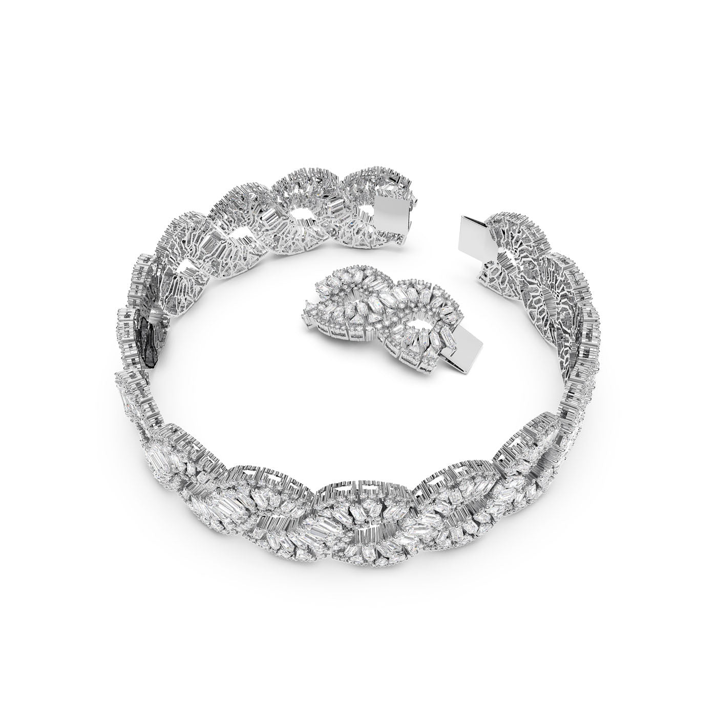 The Swarovski Mixed Cuts Crystals Hyperbola Choker, crafted by Swarovski, showcases an elegant circular design with intricate details. A complementary piece accompanies it, spotlighting the exceptional craftsmanship. The rhodium-plated metallic finish beautifully reflects light, accentuating its sophisticated pattern.