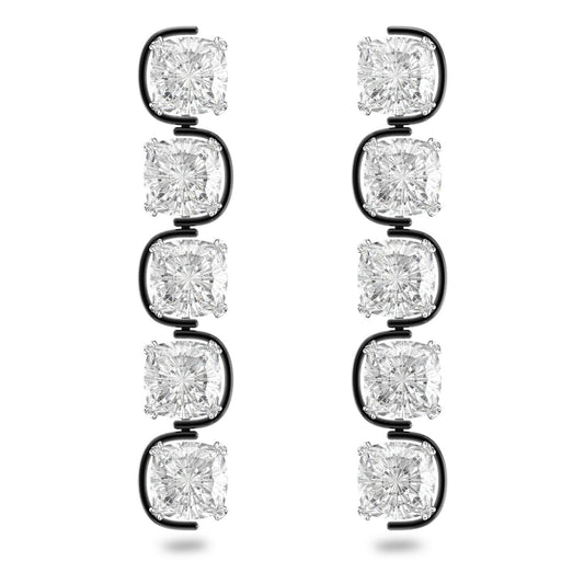 The Swarovski Harmonia Cushion Cut Floating Crystals Drop Earrings feature rows of four square, sparkling crystals, set in either silver or rhodium-plated framework, and arranged vertically. Designed by Giovanna Engelbert, these earrings are showcased against a plain white background.