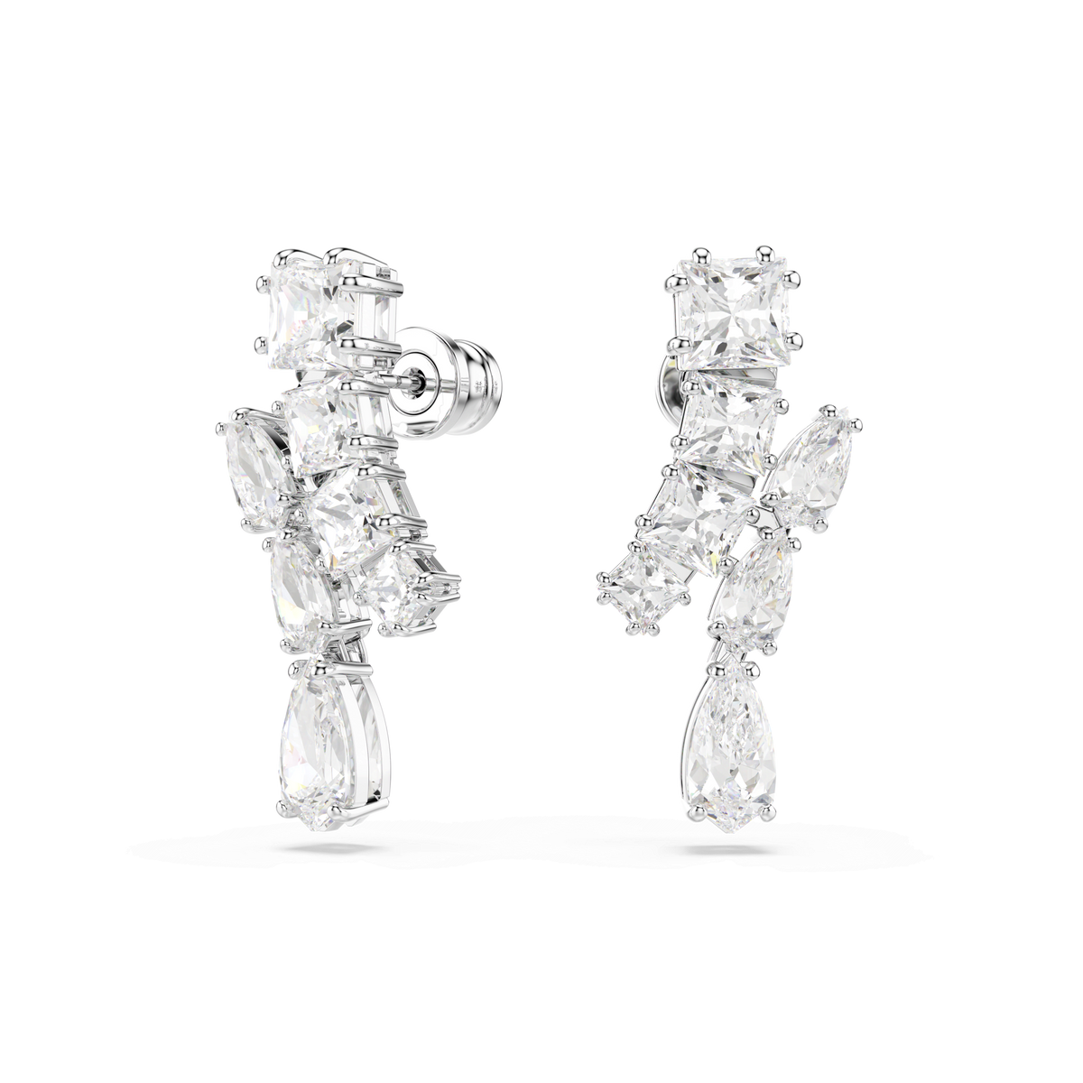 A pair of Swarovski Matrix drop earrings in rhodium-plated finish, featuring a mix of round, marquise, and pear-cut clear gemstones beautifully clustered together on a plain white background—ideal for those seeking refined sparkle from Swarovski Canada.