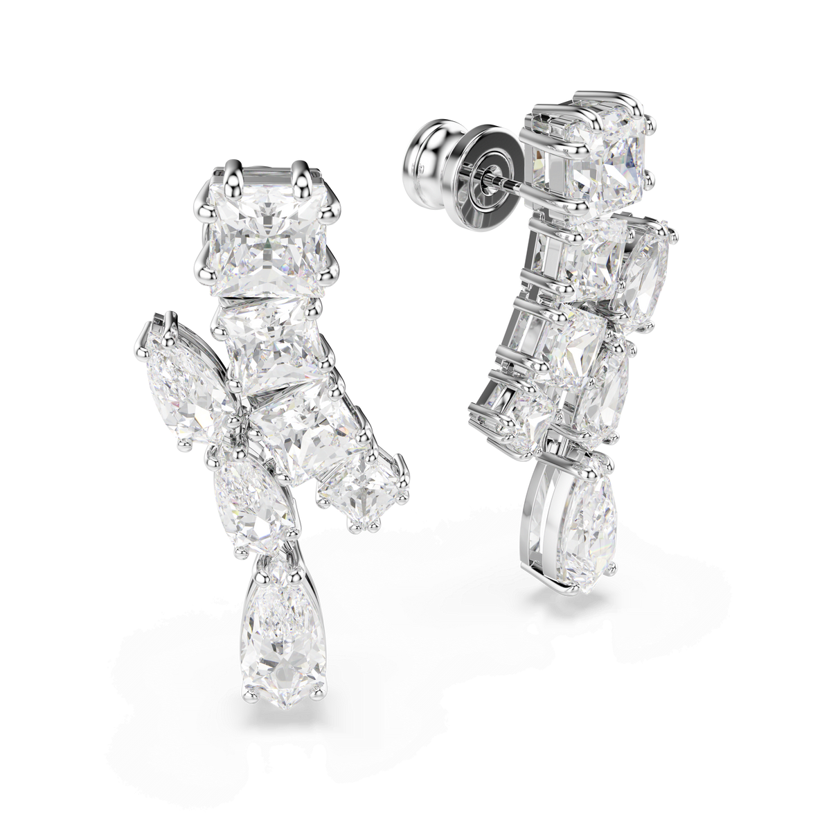 The Swarovski Matrix drop earrings by Swarovski showcase a stunning vertical arrangement of mixed-cut, clear white gemstones in a stylish rhodium-plated setting, exuding timeless elegance. The earrings are displayed on a white background.