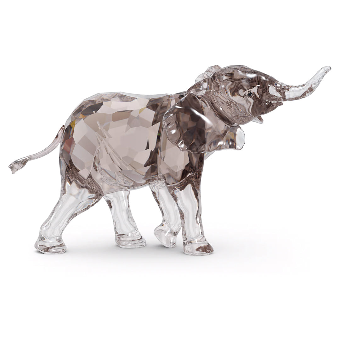 The Swarovski Elegance of Africa SCS 2022 Elephant Baby Mandisa figurine, created by Swarovski, features a greige crystal composition with faceted surfaces for a sparkling effect. With its trunk raised and standing on four legs, the design captures clear and smoky tones that play with light, highlighting its intricate craftsmanship reminiscent of African wildlife.