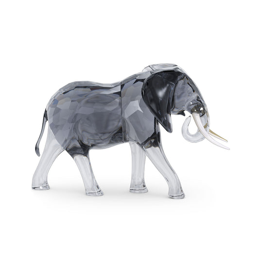 This exquisite Swarovski Elegance of Africa Elephant Bull Crystal Home Décor piece is meticulously crafted from clear and dark gray faceted glass, highlighting intricate details and featuring a shiny, reflective surface. Adorned with white tusks, it beautifully captures the subtle allure of African wildlife against a plain white background.