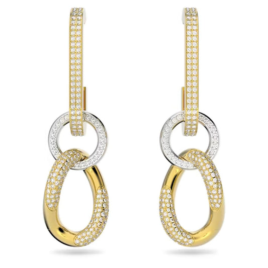 The Swarovski Dextera Chain Link Drop Earrings by Swarovski feature gold and silver interlocking loops, each embellished with multiple small diamonds and completed with a clear crystal accent. These earrings offer a sparkling and luxurious look against a white background, highlighting their unique craftsmanship.