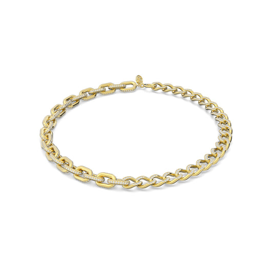 The Swarovski Dextera Gold Tone Mixed Links Necklace features a stunning arrangement of alternating large and small links, each embellished with foiled crystals. Presented gracefully against a plain white backdrop, this necklace showcases timeless sophistication and style.
