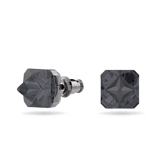 Two square-shaped Swarovski Matrix Stud Earrings by Swarovski, featuring pyramid-cut gray crystals, are displayed on a white background. Each earring includes a metallic post and boasts a geometric design, offering a sleek and modern appearance.