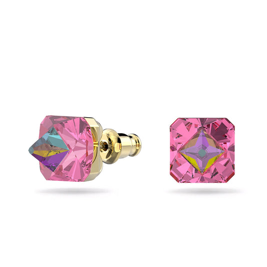 Close-up of two Swarovski Matrix Stud Earrings by Swarovski, featuring pyramid-cut pink crystals. One earring is shown from a pointed front view, while the other displays its flat face. These genderless stud earrings have multicolored reflective surfaces, making them a perfect choice for anyone in the Chroma family.