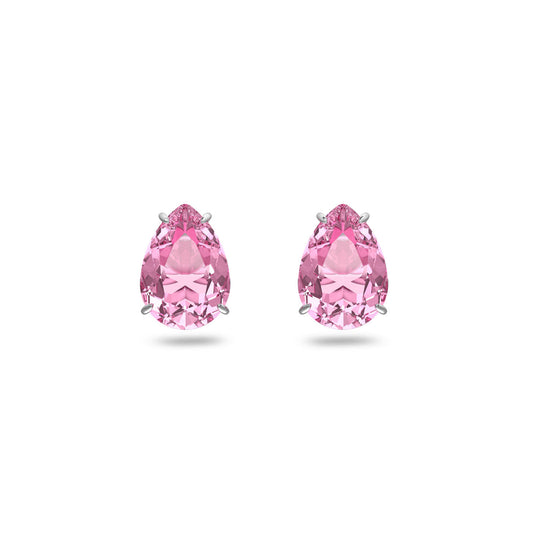 The Swarovski Gema Pink Kite Cut Stud Earrings feature a pair of pink crystals in a teardrop shape, set in silver prongs against a white backdrop. The reflective surface of the gems beautifully captures the light.