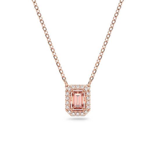 The Swarovski Millenia Zirconia Pink Octagon Cut Necklace showcases a stunning pink octagon-cut gemstone encased in a rose gold pendant, elegantly bordered by petite white diamonds, all delicately suspended on a rose gold-tone plated chain.
