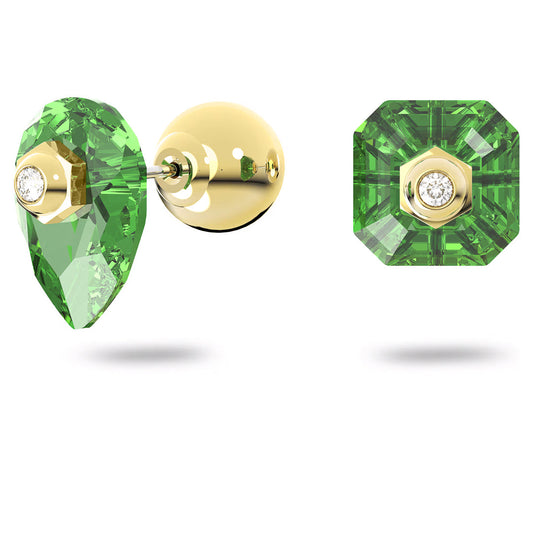 The Swarovski Numina Stud Earrings, designed by Giovanna Engelbert for the renowned brand Swarovski, showcase two gold-tone plated stud earrings. One earring features a pear-shaped green gemstone, while the other presents an octagonal green gemstone. Both gemstones are elegantly set with a central round diamond and polished gold backing, embodying elegance and style.