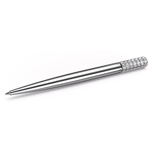 A sleek Swarovski Ballpoint Pen with a metallic design, featuring a textured grip and polished finish. Positioned diagonally on a white background, it highlights its modern design and silver color reminiscent of dazzling crystals.