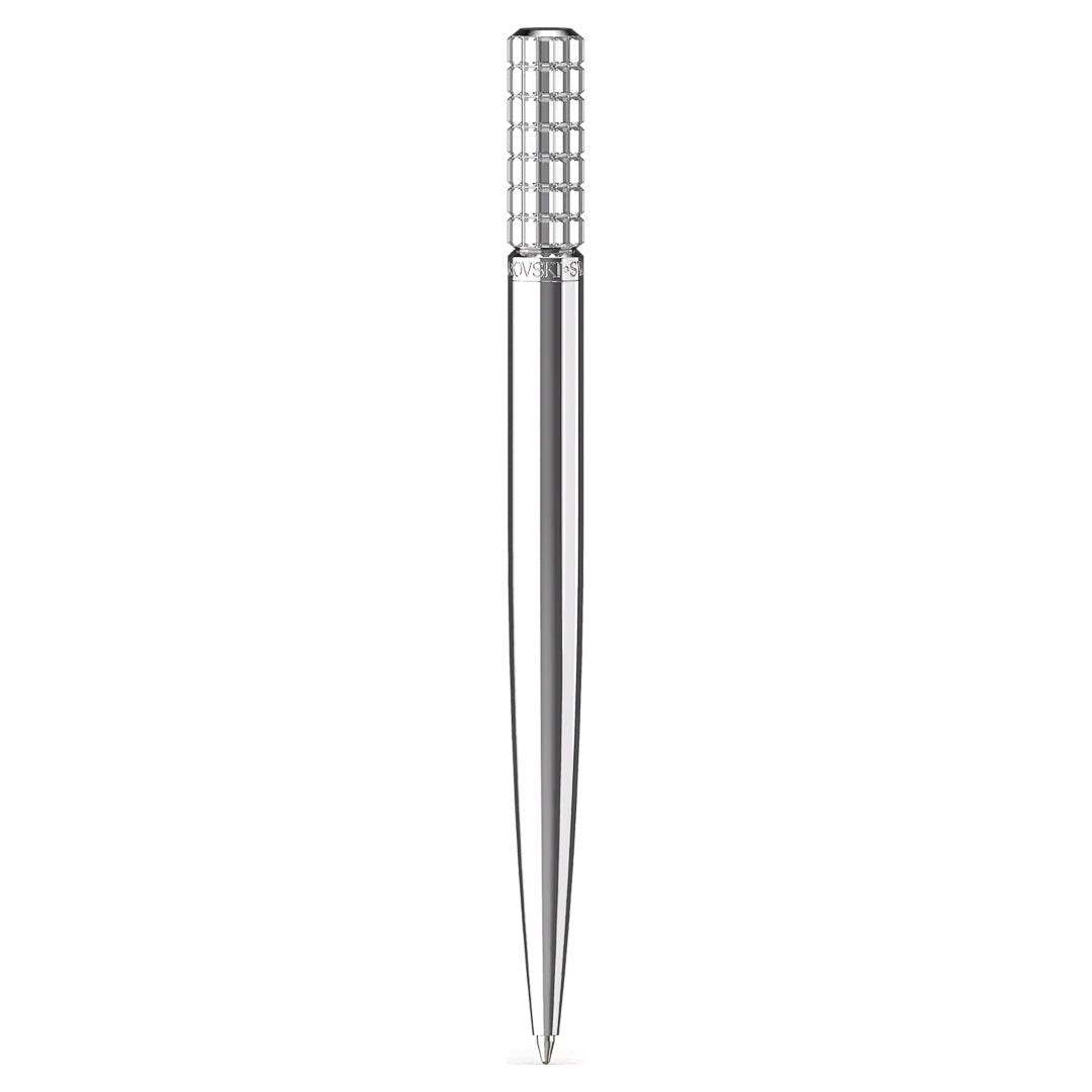 Introducing the Swarovski Ballpoint Pen by Swarovski: a sleek silver pen featuring a textured grip near the top and tapering to a fine point. Its body flaunts a reflective metallic finish, beautifully accented with Swarovski's signature subtle crystal design.