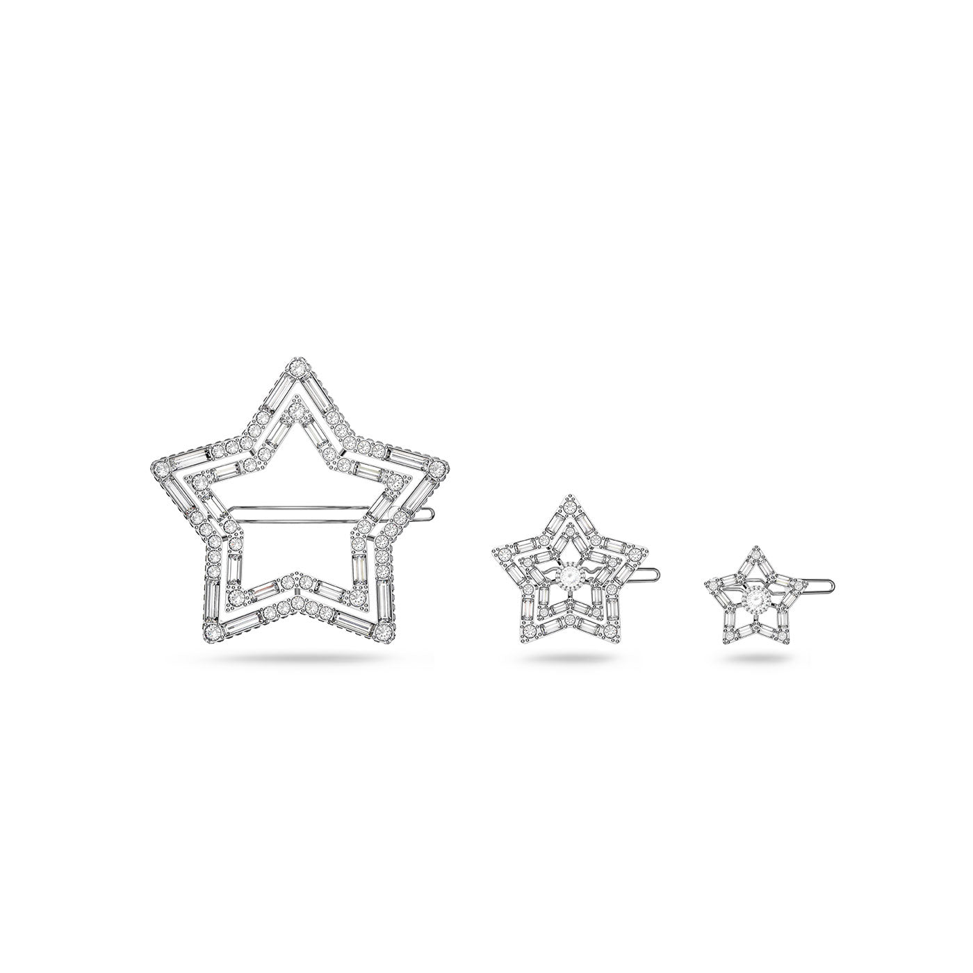 Swarovski's Star Hair Clip Set features a trio of star-shaped hair clips in varying sizes, each bordered with small, clear crystals. The stars are arranged from largest to smallest, presenting a lustrous and sophisticated design against a white background.
