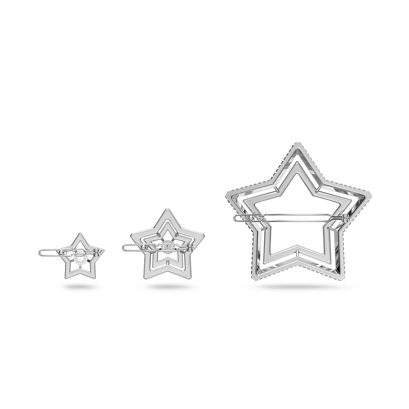 Introducing the Swarovski Star Hair Clip Set by Swarovski: a collection of three star-shaped hair clips that increase in size from left to right. Each clip is crafted with an outlined design featuring a central bar and finished with a stunning rhodium-plated coating for an elegant shimmer.