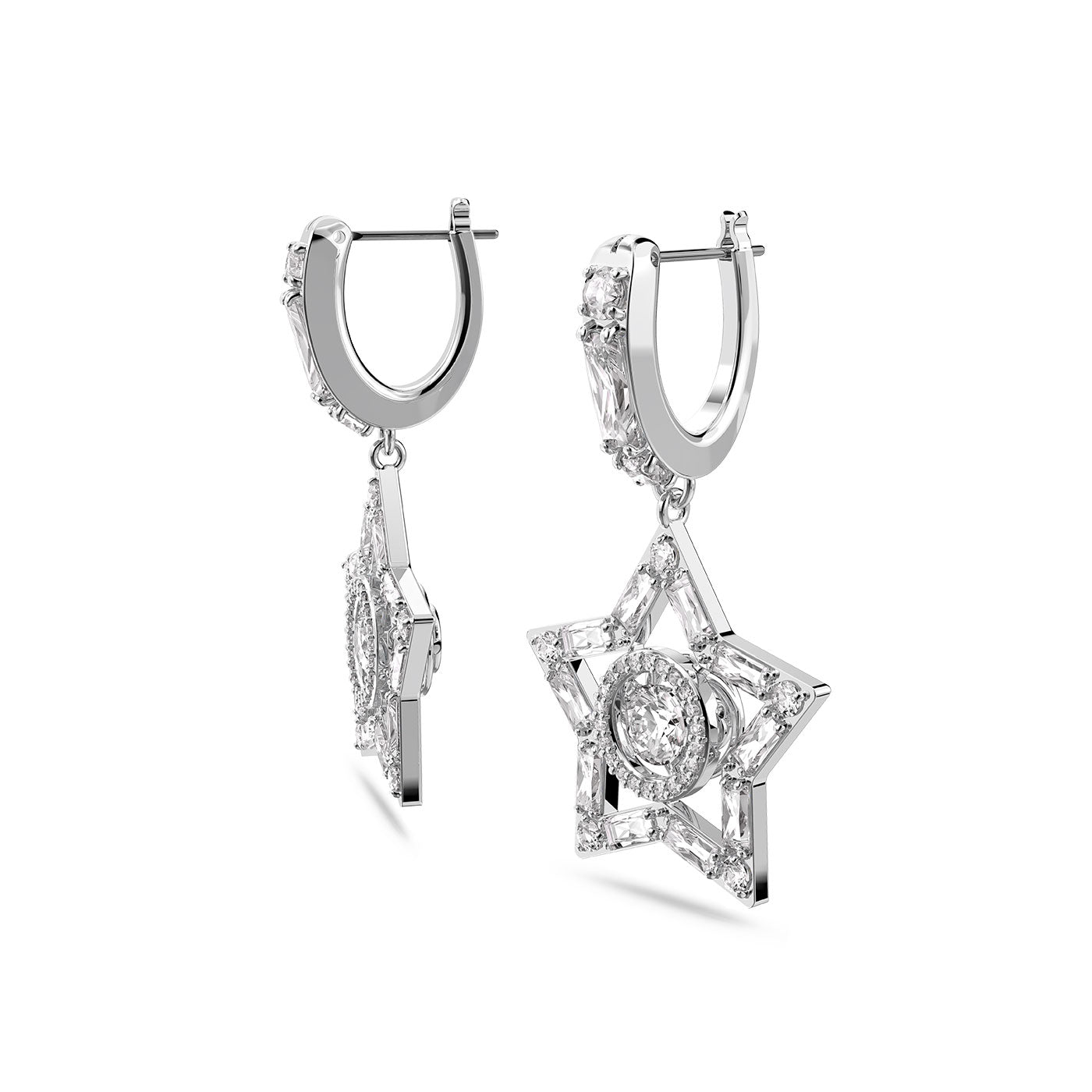 The Swarovski Stella Drop Earrings feature silver mini hoops with star-shaped pendants, each embellished with a central round gemstone and smaller stones for a sparkling and elegant look.