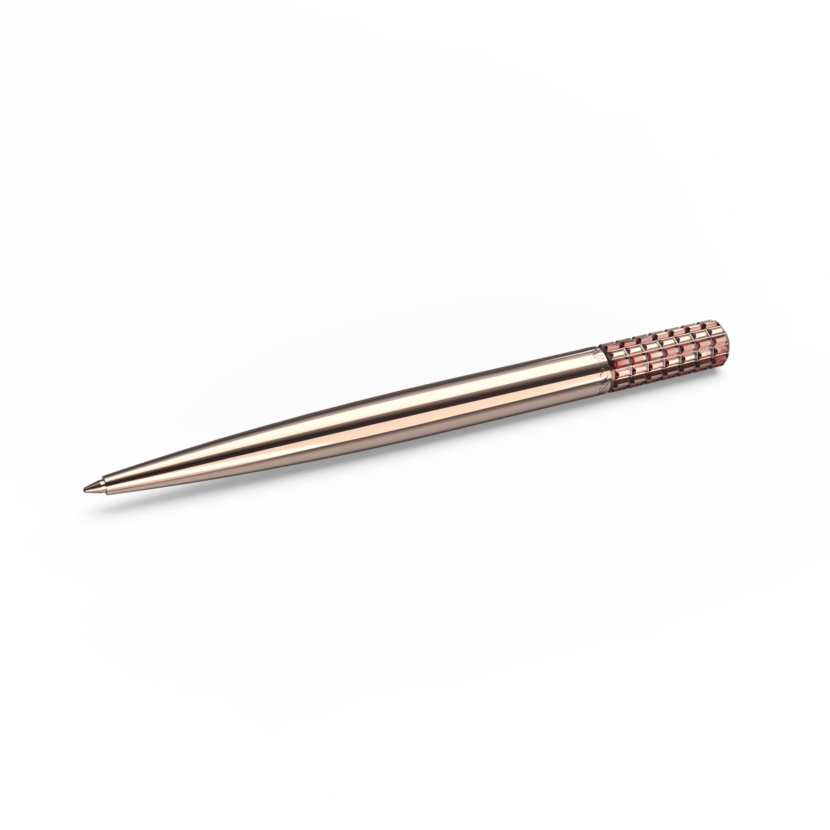 The Swarovski Ballpoint Pen Pink, Rose-gold tone plated by Swarovski features a sleek, smooth body with a rose-gold tone textured grip near the top and is elegantly displayed on a plain white background.