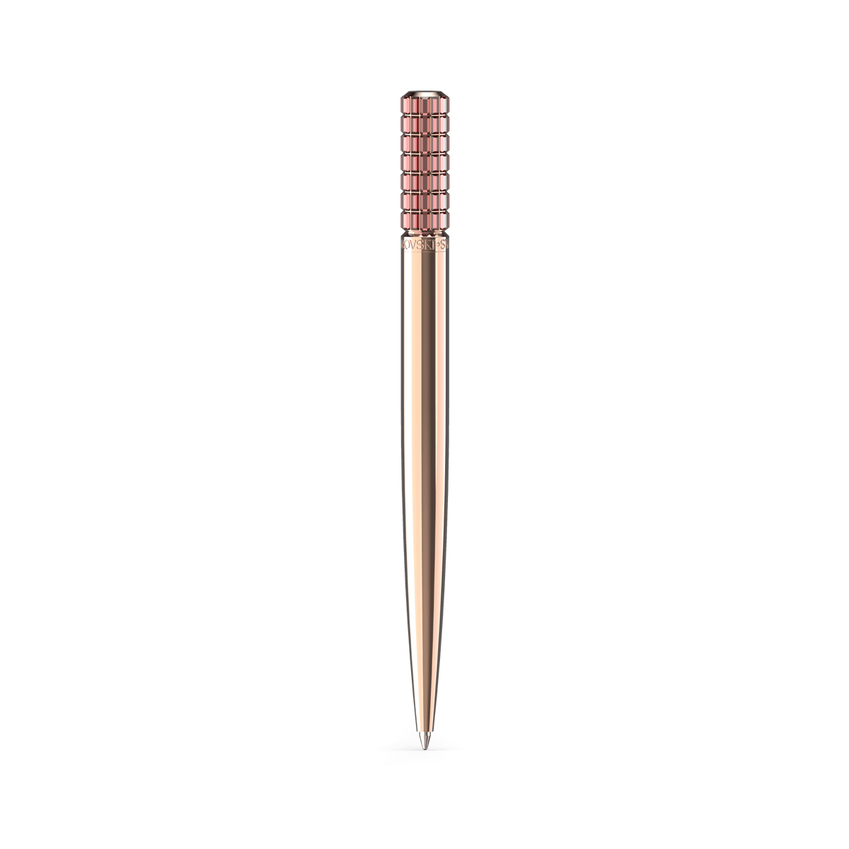 A Swarovski Ballpoint Pen in pink, featuring a rose-gold tone plated body and a textured cap, stands vertically against a plain white background, highlighting its elegant design characteristic of the Swarovski brand.