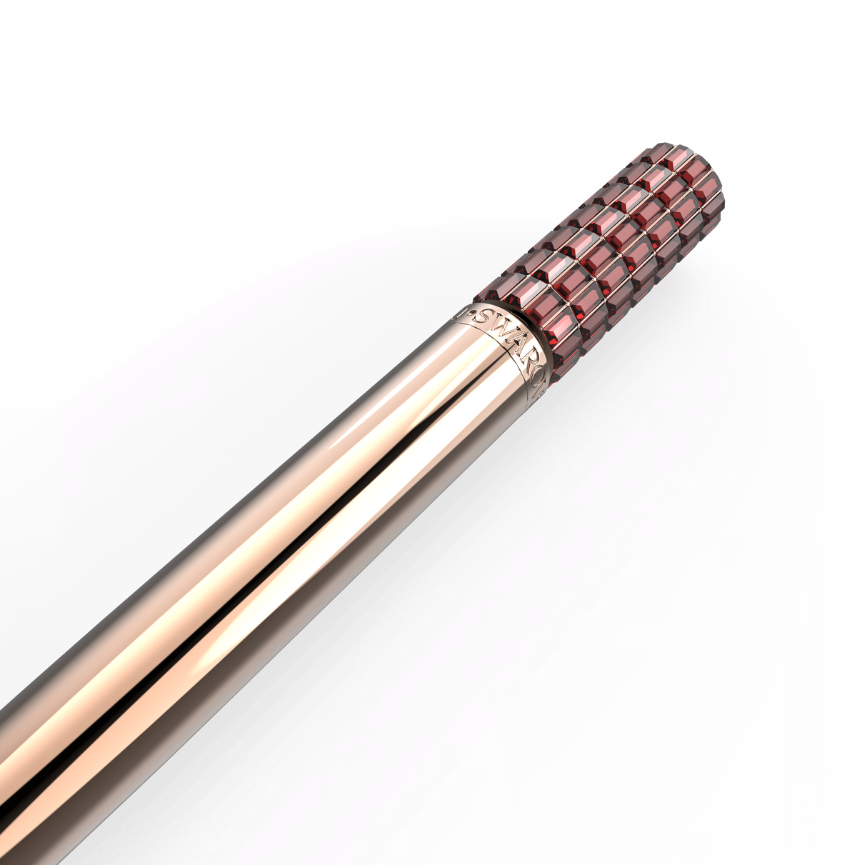 A Swarovski Ballpoint Pen in pink with a rose-gold tone plated finish and a textured, checkered cap in a deeper hue is displayed against a plain white background.
