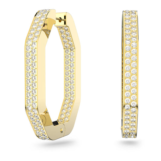 A pair of Swarovski Large Octagon Shape Crystal Dextera Hoop Earrings in gold, adorned with multiple rows of sparkling crystals, displayed from both the front and side views on a white background.