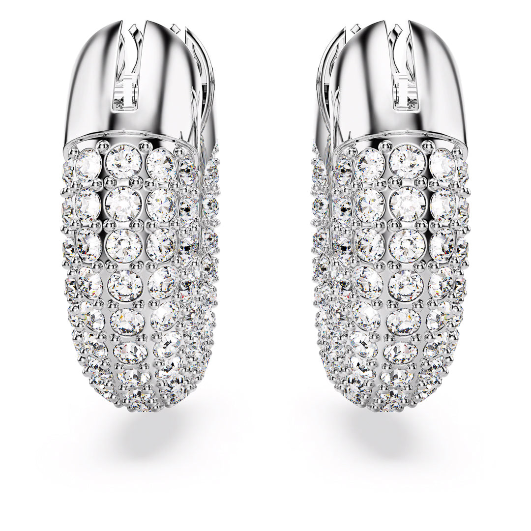 A pair of Swarovski Dextera Hoop Earrings exhibits an elegant design with a shiny silver appearance, adorned with multiple rows of sparkling diamonds and Swarovski crystals, resulting in a luxurious and sophisticated look. The rhodium-plated earrings are displayed against a plain white background.