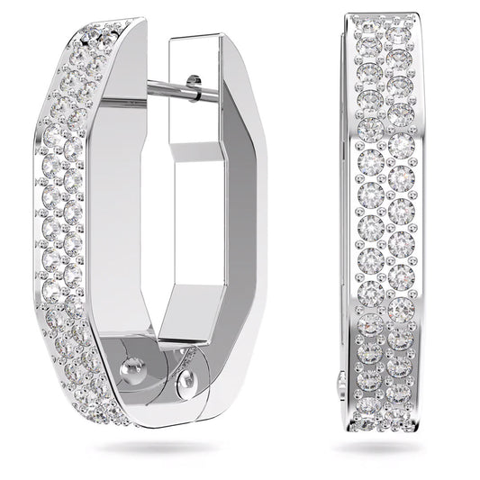 These Swarovski Dextera Hoop Earrings showcase a stunning hexagonal design, featuring the pavé technique with small round crystals encrusted on their outer surfaces for a sparkling and elegant appearance.